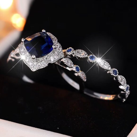 14k White Gold Blue Sapphire Diamond Ring Cushion Cut - Picture 3 of 4